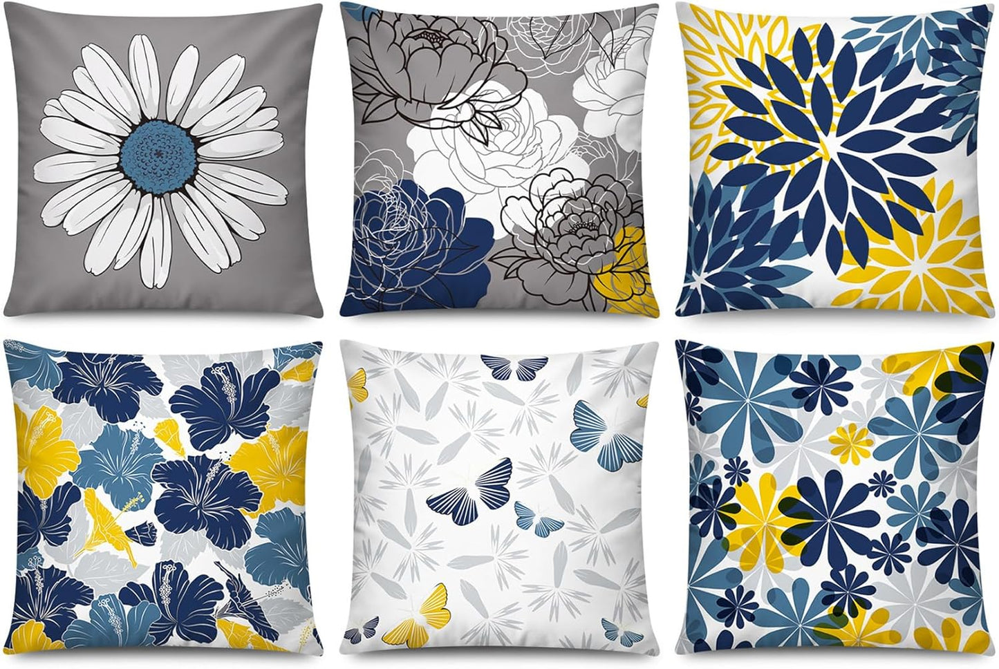 COMMINY Blue Grey Pillow Covers 18x18 Set of 6 Decorative Daisy Flower Throw Pillow Cover for Couch Modern Pillow Case for Patio Living Room Cushion Bed Farmhouse Home Decor