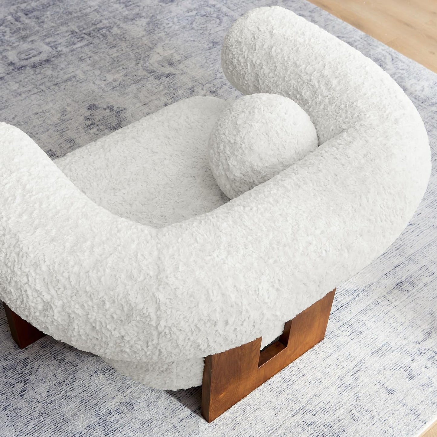 Modway Jace Upholstered Fabric Accent Chair in Feather - Faux Fur Barrel Chair with Pillow - Comfy Lounge Armchair with Curved Back and Wood Legs - Soft Teddy Club Chair for Living Room, Bedroom