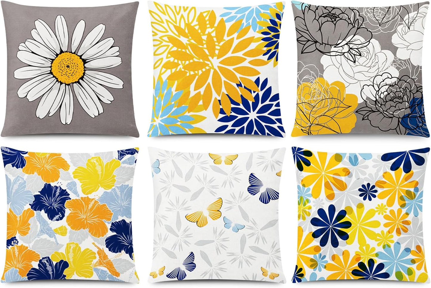 COMMINY Blue Grey Pillow Covers 18x18 Set of 6 Decorative Daisy Flower Throw Pillow Cover for Couch Modern Pillow Case for Patio Living Room Cushion Bed Farmhouse Home Decor