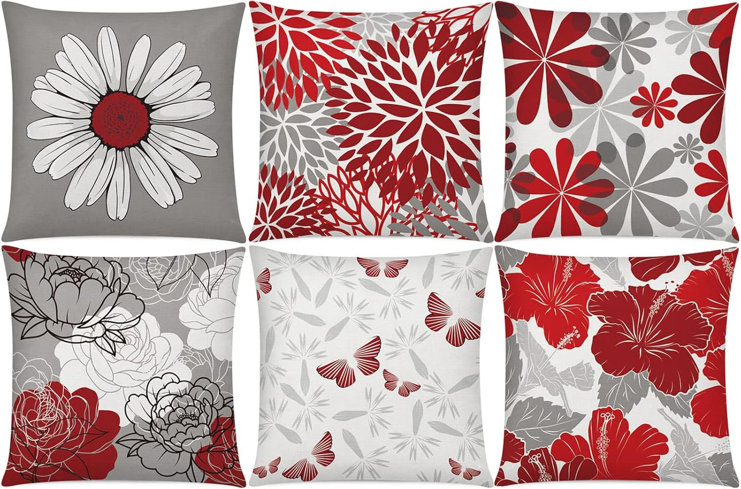 COMMINY Blue Grey Pillow Covers 18x18 Set of 6 Decorative Daisy Flower Throw Pillow Cover for Couch Modern Pillow Case for Patio Living Room Cushion Bed Farmhouse Home Decor