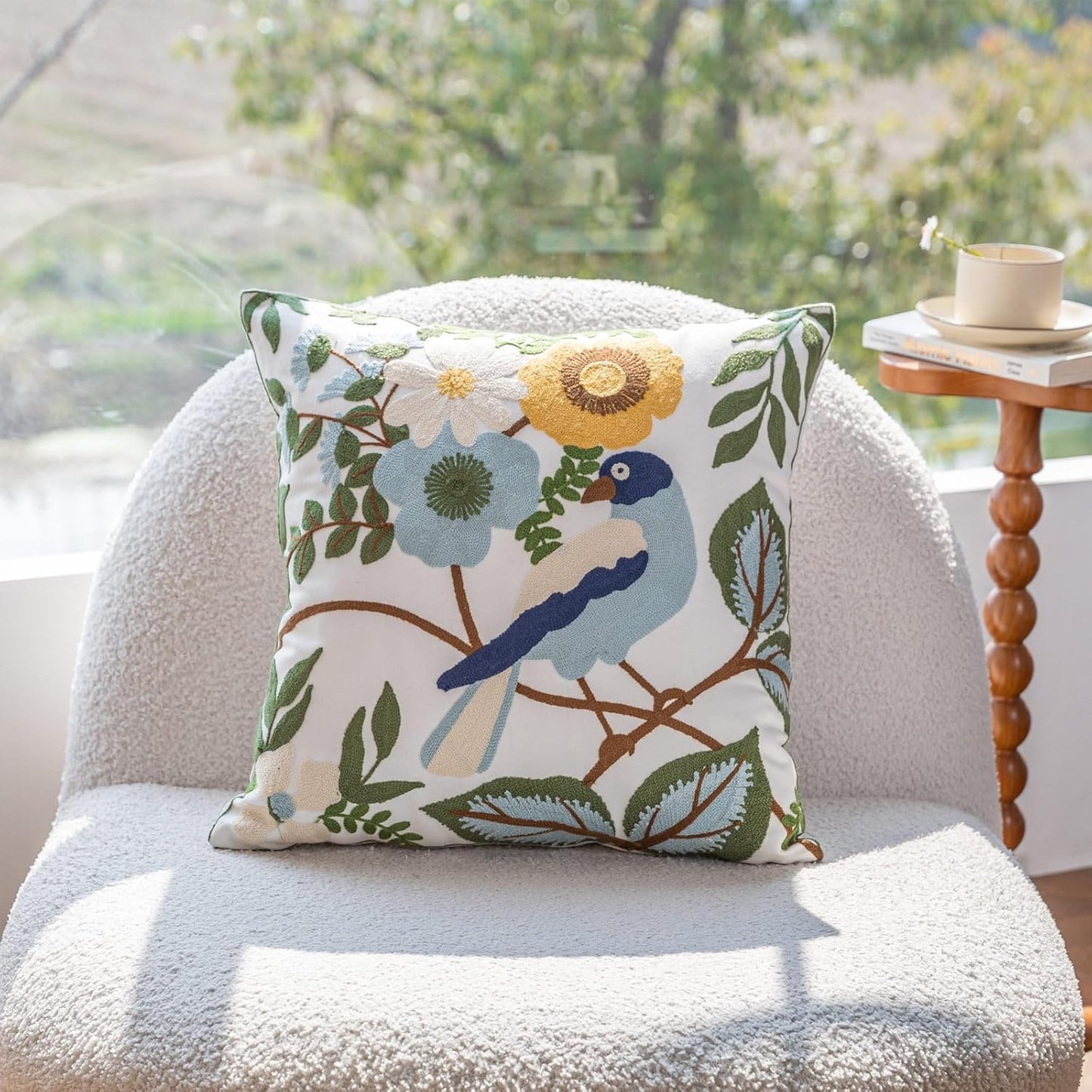 YIcabinet Pack of 2 Throw Pillow Covers,Flower and Bird Pattern Embroidered Pillow Case Soft Decorative Pillowcases for Home Sofa Couch 18x18 Inch