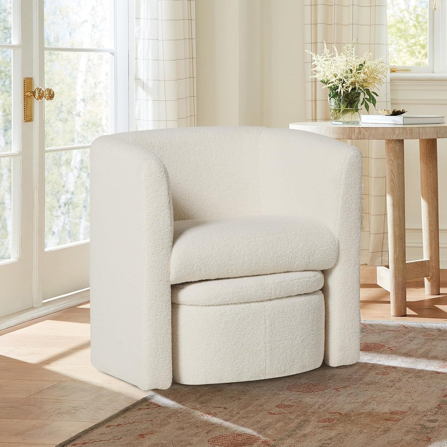 COLAMY Upholstered Sherpa Barrel Accent Chair with Storage Ottoman, Morden Living Room Chair, Armchair Single Sofa for Bedroom/Reading Spaces, Cream
