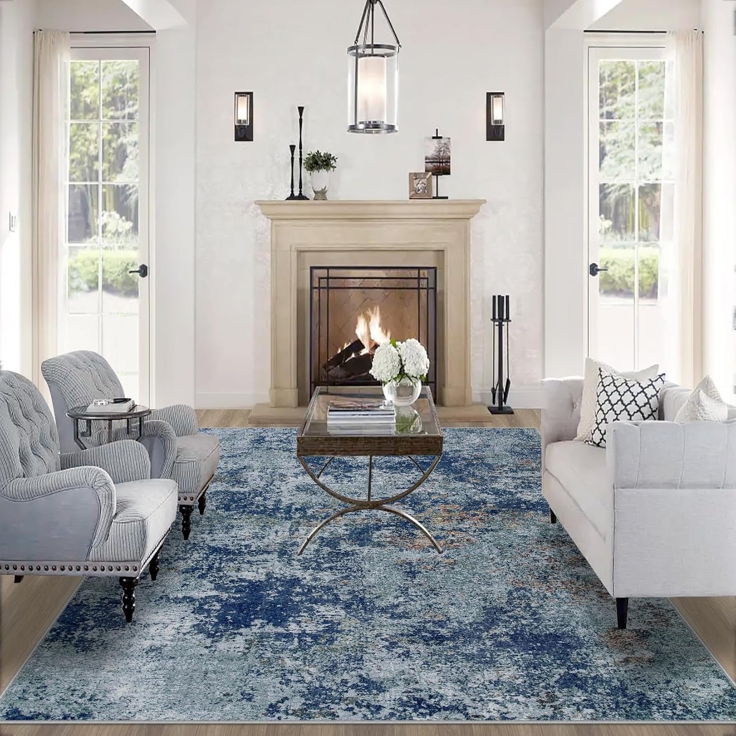 8x10 Area Rugs for Living Room: Large Machine Washable Area Rug with Non Slip Backing Non Shedding Abstract Stain Resistant Carpet for Bedroom Dining Room Nursery Home Office - Blue
