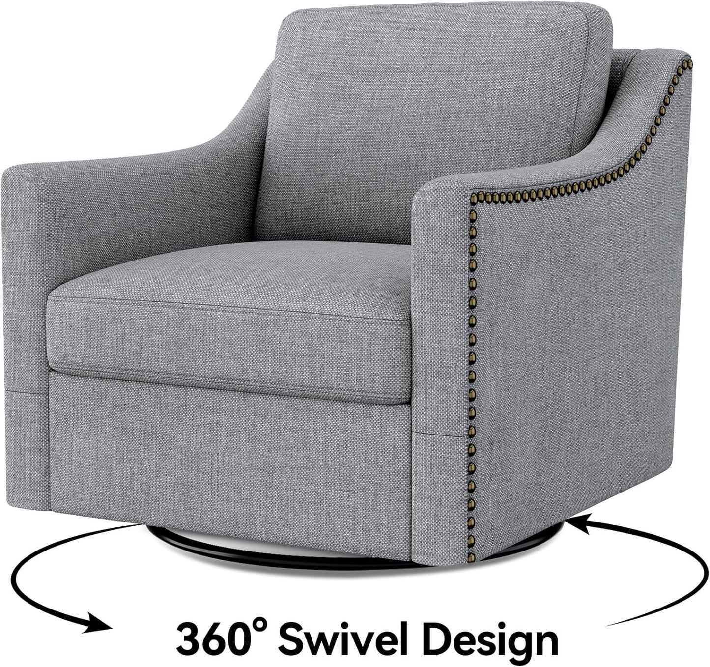 Swivel Accent Chair Set of 2, Modern Comfy Linen Upholstered Barrel Armchair with Nailhead Decor and Metal Base, Soft Oversized Round Swivel Chair for Living Room, Bedroom, Club (2, Grey)