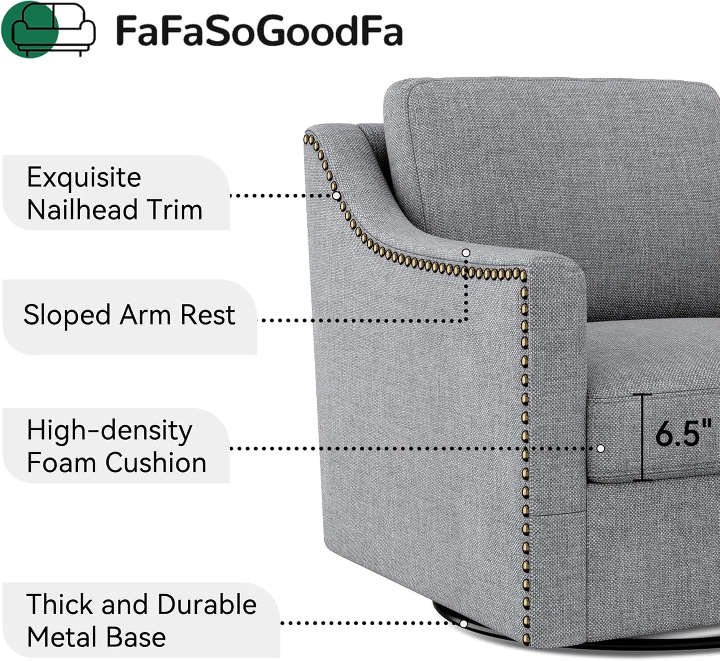 Swivel Accent Chair Set of 2, Modern Comfy Linen Upholstered Barrel Armchair with Nailhead Decor and Metal Base, Soft Oversized Round Swivel Chair for Living Room, Bedroom, Club (2, Grey)