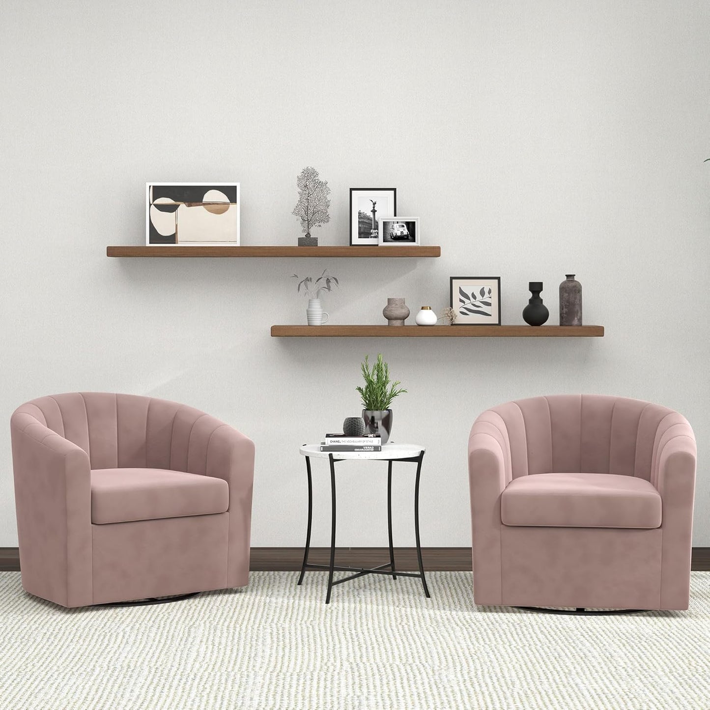 Bonzy Home Swivel Barrel Chair Set of 2, Modern Velvet Swivel Accent Chair with Channel Tufting, Soft Upholstered Armchair for Living Room Bedroom, Grey Pink