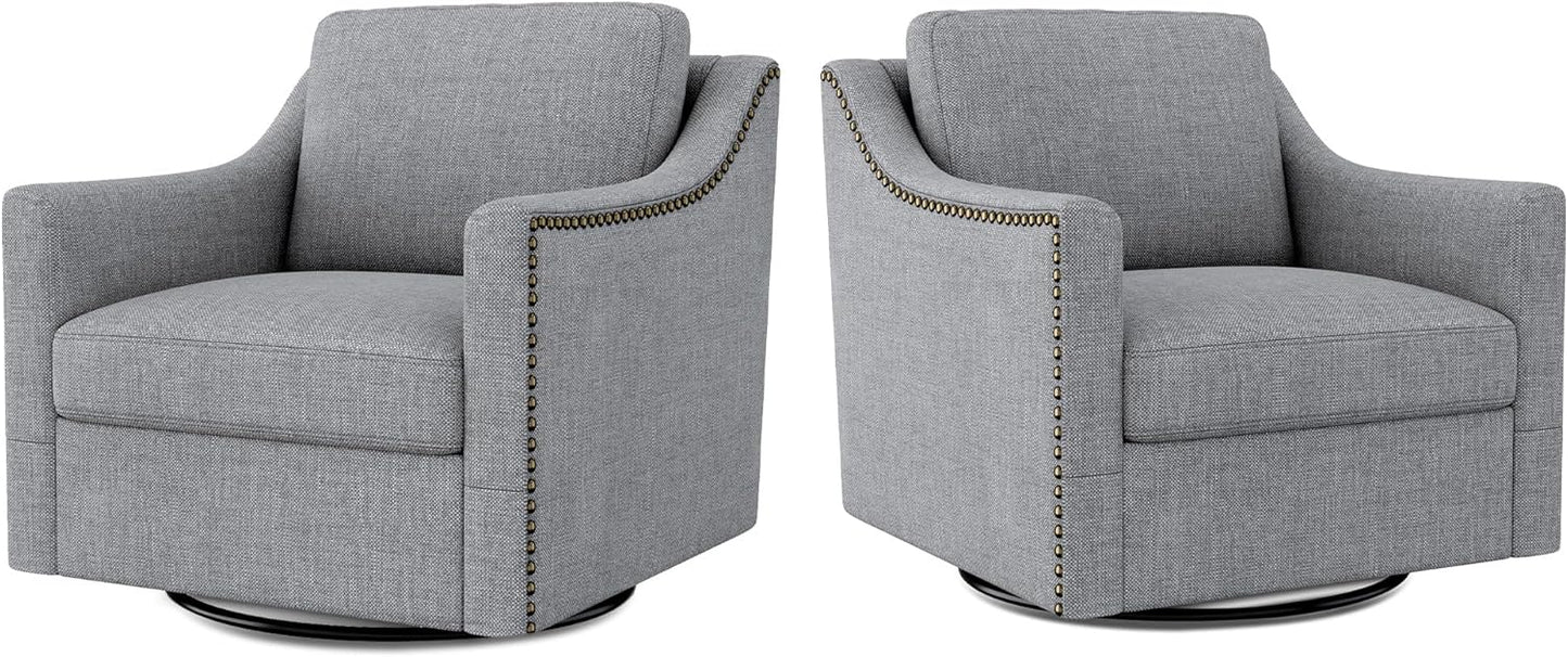 Swivel Accent Chair Set of 2, Modern Comfy Linen Upholstered Barrel Armchair with Nailhead Decor and Metal Base, Soft Oversized Round Swivel Chair for Living Room, Bedroom, Club (2, Grey)