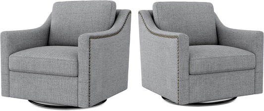 Swivel Accent Chair Set of 2, Modern Comfy Linen Upholstered Barrel Armchair with Nailhead Decor and Metal Base, Soft Oversized Round Swivel Chair for Living Room, Bedroom, Club (2, Grey)