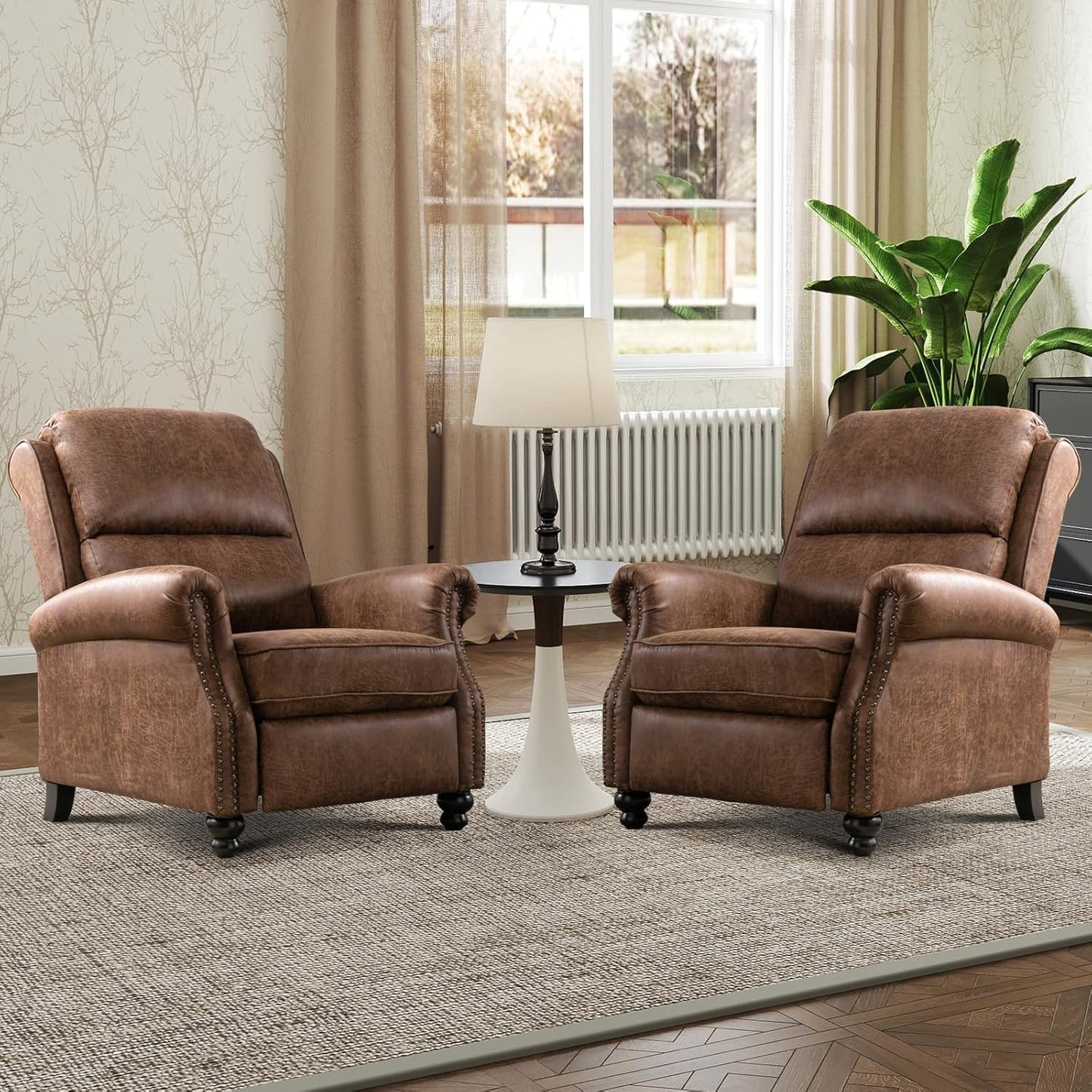 Push Back Recliner Chair Faux Leather Lounge Armchair with Rivet Decoration Wingback Single Sofa Chair with Padded Seat Solid Wood Legs for Living Room, Comfy Upholstered Set of 2, Red Brown