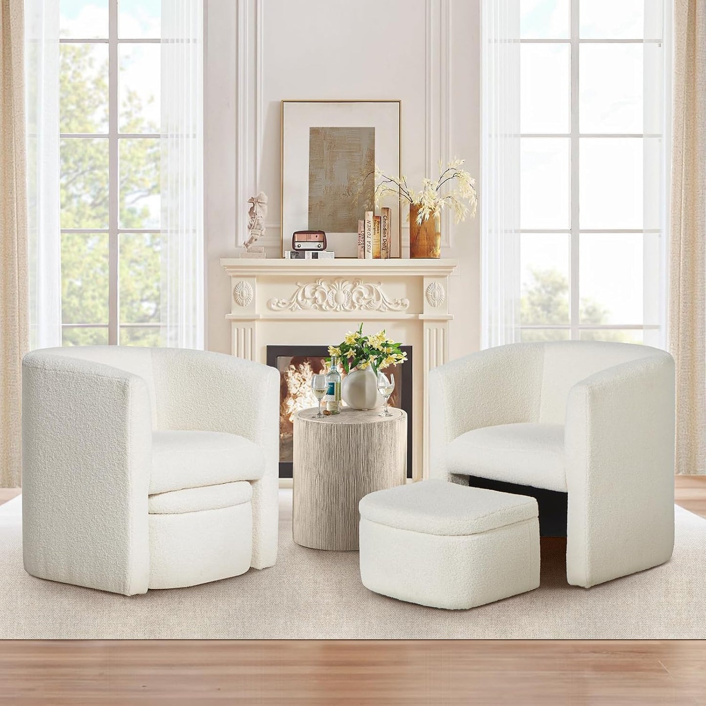 COLAMY Upholstered Sherpa Barrel Accent Chair with Storage Ottoman, Morden Living Room Chair, Armchair Single Sofa for Bedroom/Reading Spaces, Cream
