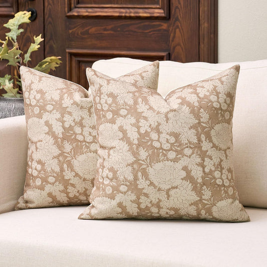 DOMVITUS Floral Pillow Covers 20x20 Set of 2, Vintage Block Print Pillow Covers Neutral Decorative Farmhouse Throw Pillow Covers for Bed Couch Living Room Light Camel