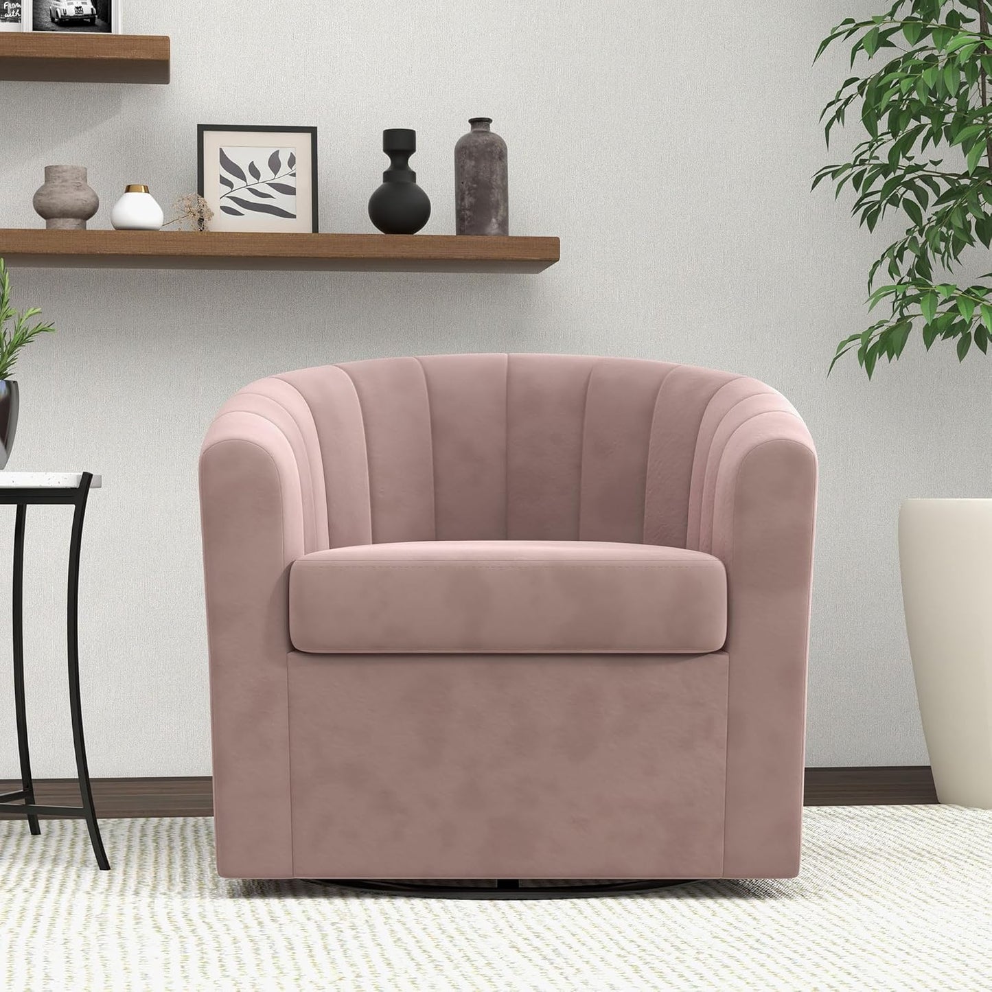 Bonzy Home Swivel Barrel Chair Set of 2, Modern Velvet Swivel Accent Chair with Channel Tufting, Soft Upholstered Armchair for Living Room Bedroom, Grey Pink