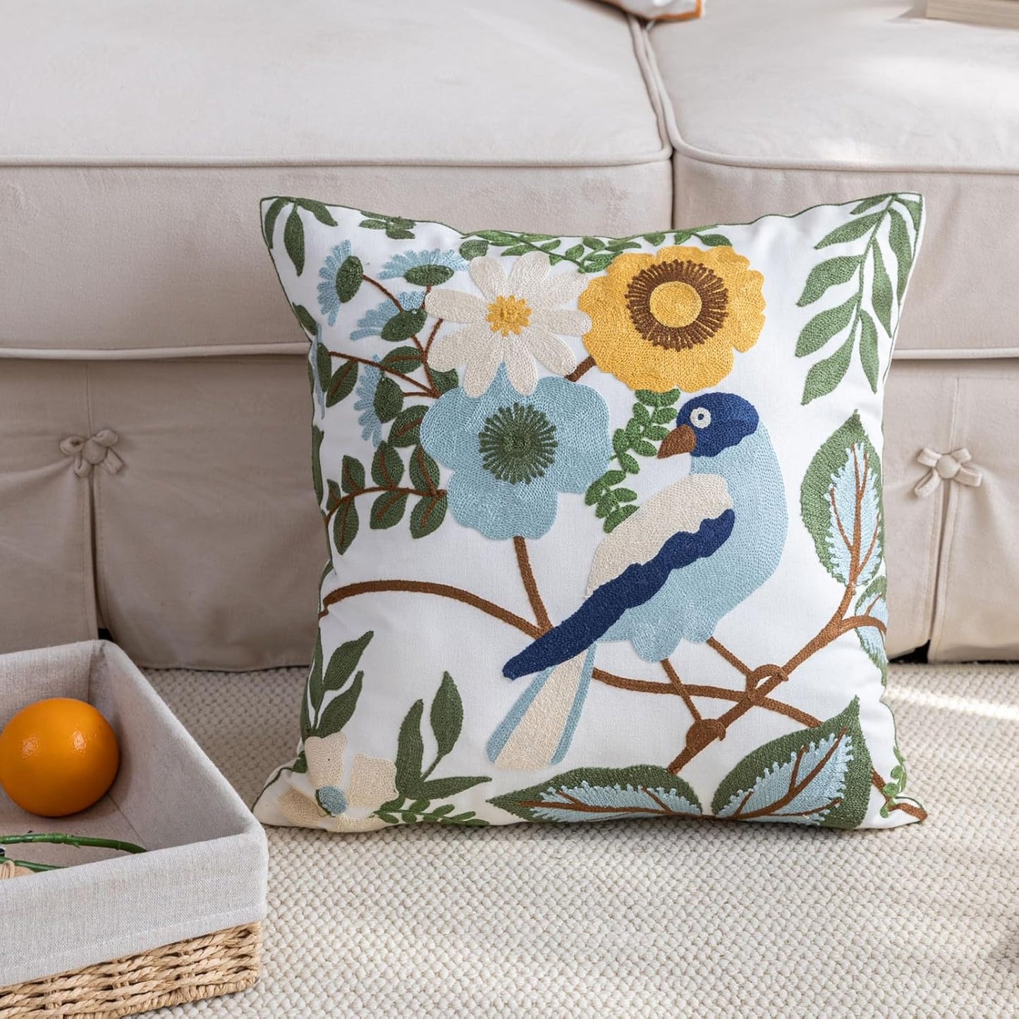 YIcabinet Pack of 2 Throw Pillow Covers,Flower and Bird Pattern Embroidered Pillow Case Soft Decorative Pillowcases for Home Sofa Couch 18x18 Inch