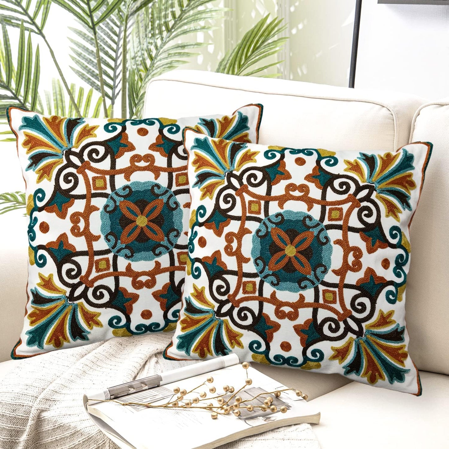 Alysheer Floral Embroidered Fall Decorative Throw Pillow Covers 18"x 18" Set of 2, Farmhouse Daisy Flowers Patterned Canvas Cushion Cases for Couch Bed Living Room Decor