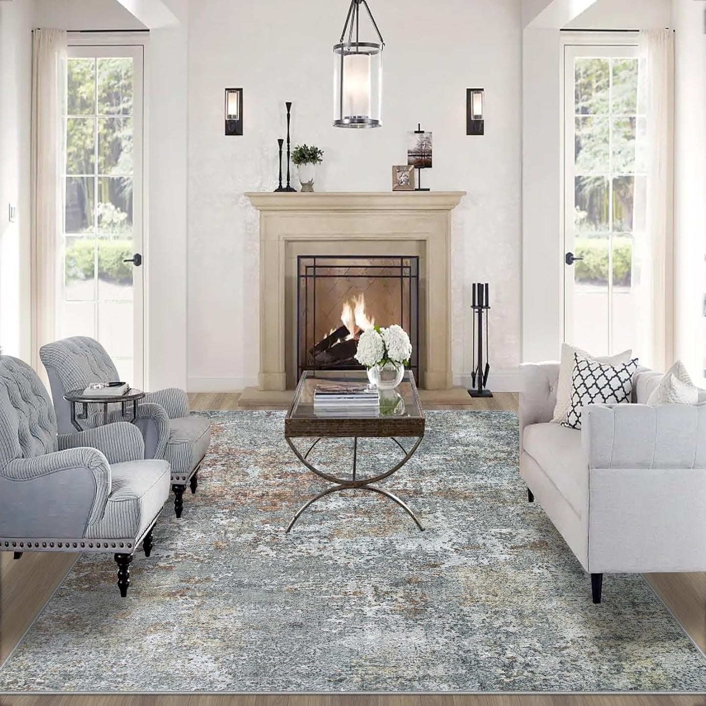 8x10 Area Rugs for Living Room: Large Machine Washable Area Rug with Non Slip Backing Non Shedding Abstract Stain Resistant Carpet for Bedroom Dining Room Nursery Home Office - Blue