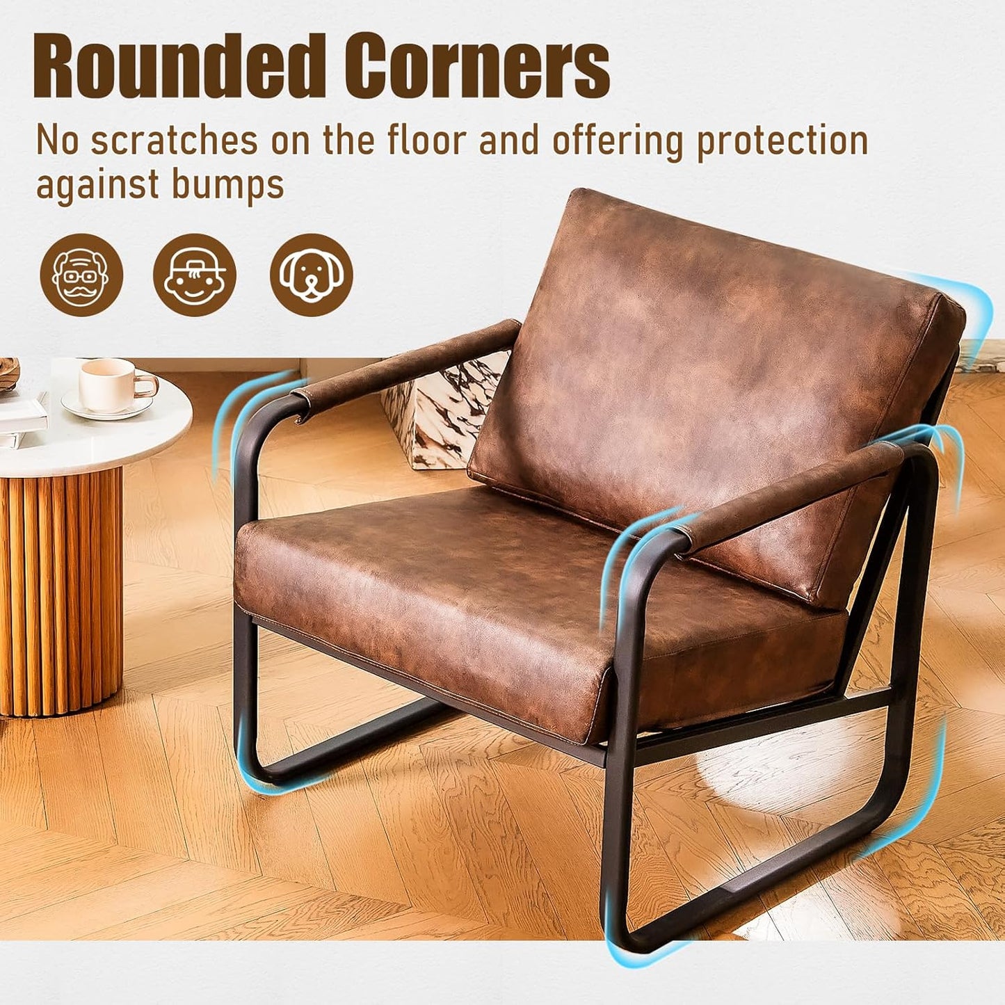 PrimeZone Mid-Century Modern Accent Chair Set of 4 - Comfy Faux Leather Living Room Chair, Lounge Armchair with Extra Soft Padded & Cushion, Ergonomic Accent Chair for Bedroom, Office, Brown