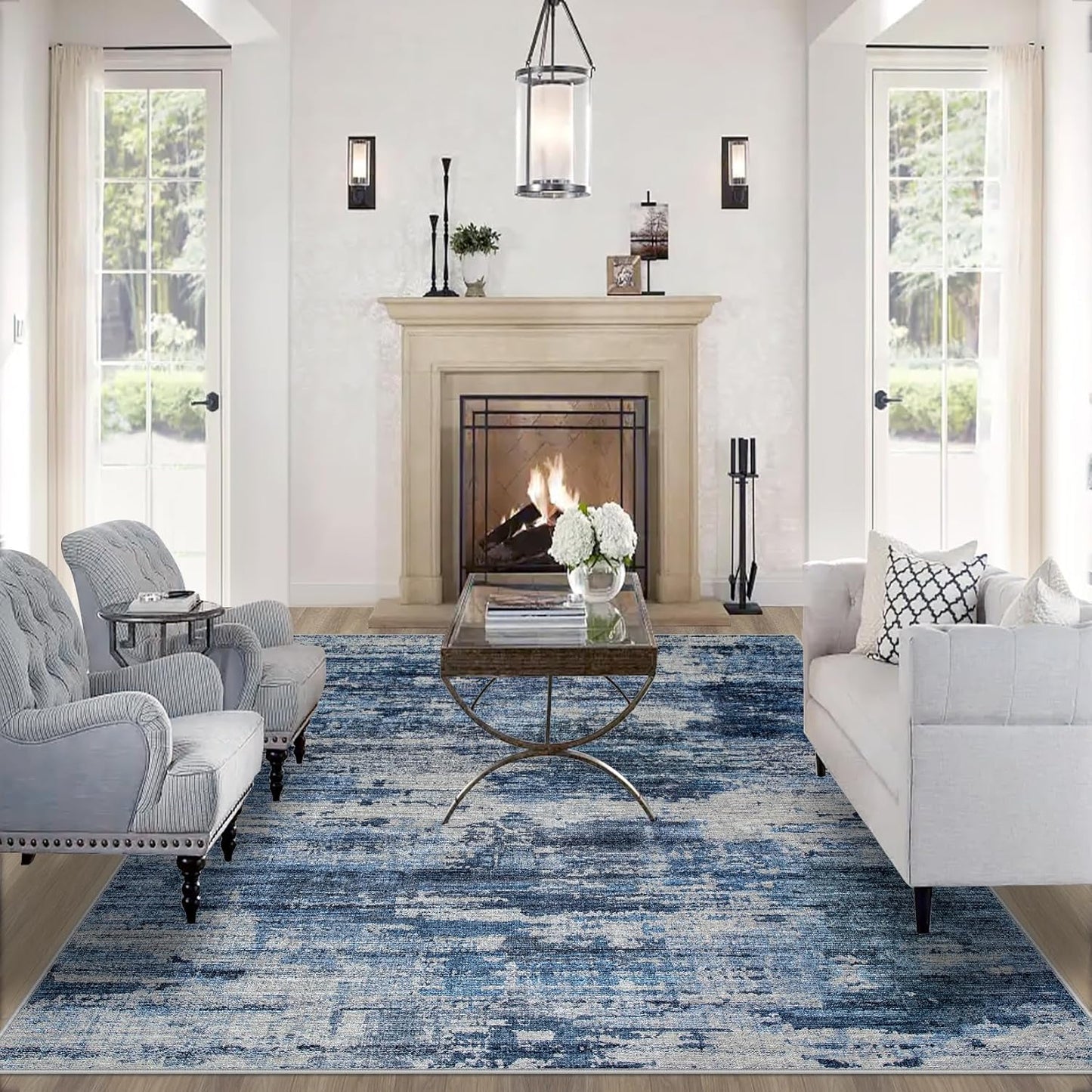 8x10 Area Rugs for Living Room: Large Machine Washable Area Rug with Non Slip Backing Non Shedding Abstract Stain Resistant Carpet for Bedroom Dining Room Nursery Home Office - Blue