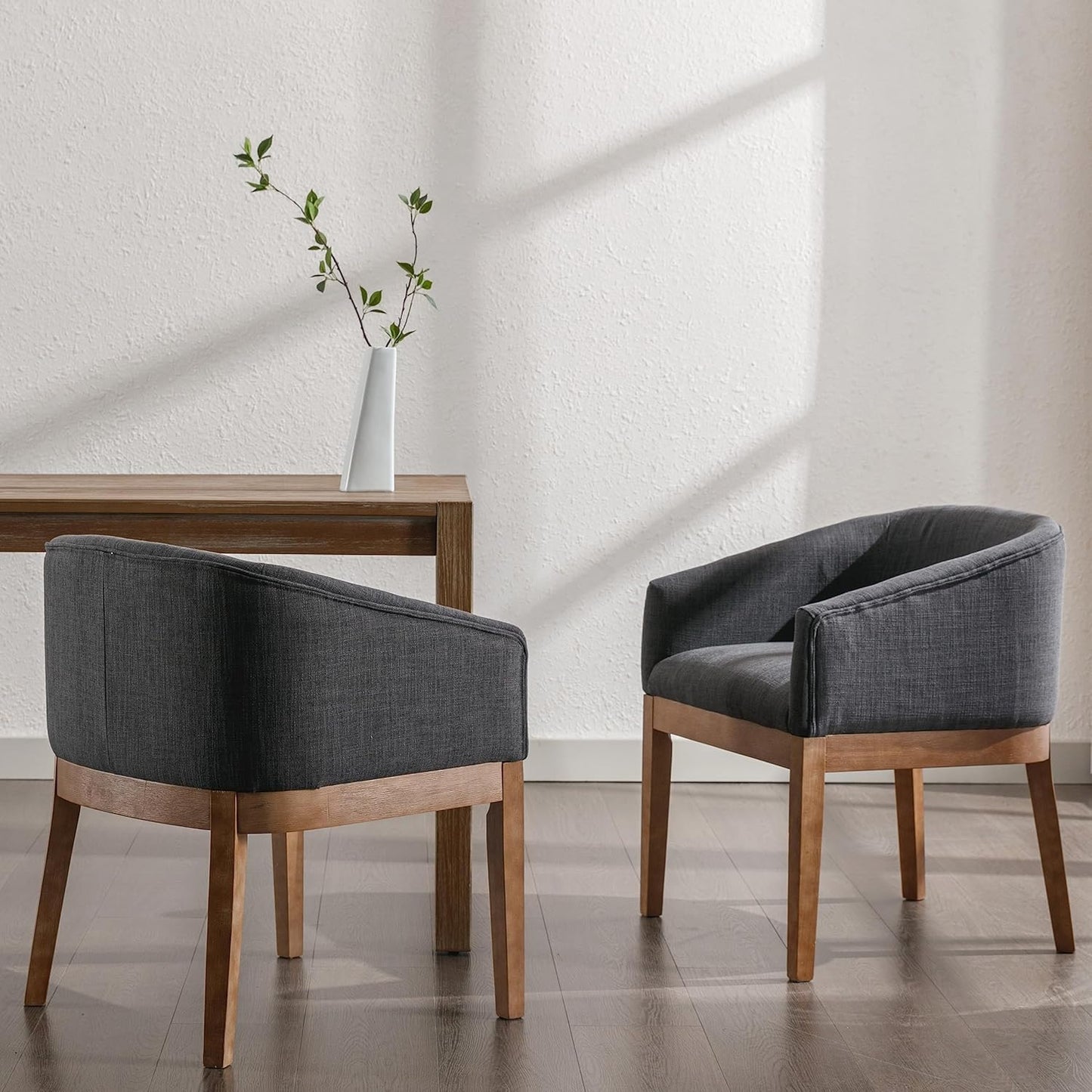 Mid-Century Modern Charcoal Dining Chairs Set of 4, Linen Upholstered Kitchen Dining Room Chairs with Wood Legs, Curved Backrest Armchairs, Charcoal
