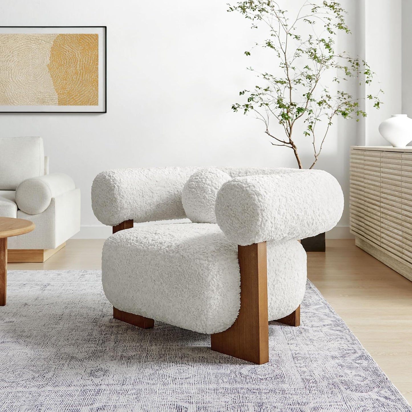 Modway Jace Upholstered Fabric Accent Chair in Feather - Faux Fur Barrel Chair with Pillow - Comfy Lounge Armchair with Curved Back and Wood Legs - Soft Teddy Club Chair for Living Room, Bedroom