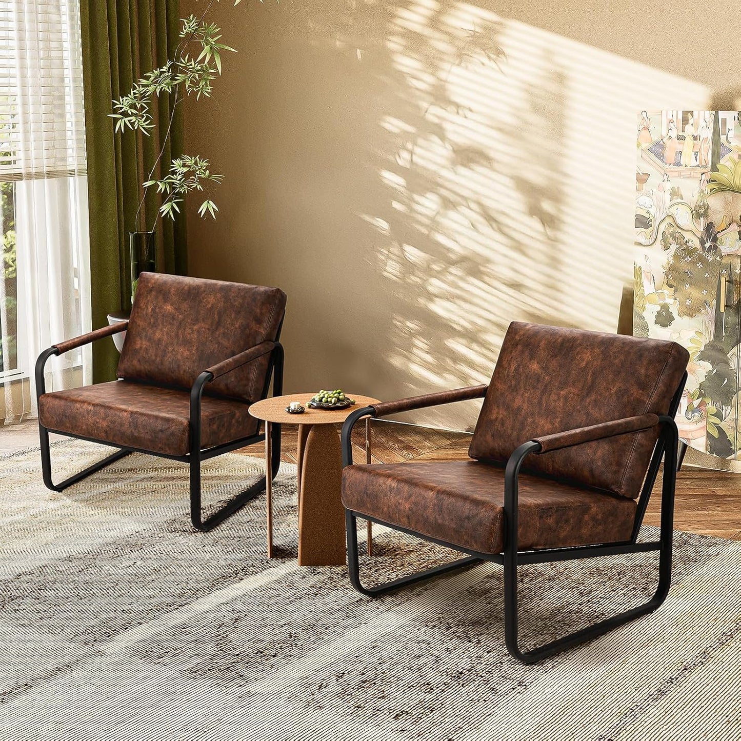 PrimeZone Mid-Century Modern Accent Chair Set of 4 - Comfy Faux Leather Living Room Chair, Lounge Armchair with Extra Soft Padded & Cushion, Ergonomic Accent Chair for Bedroom, Office, Brown