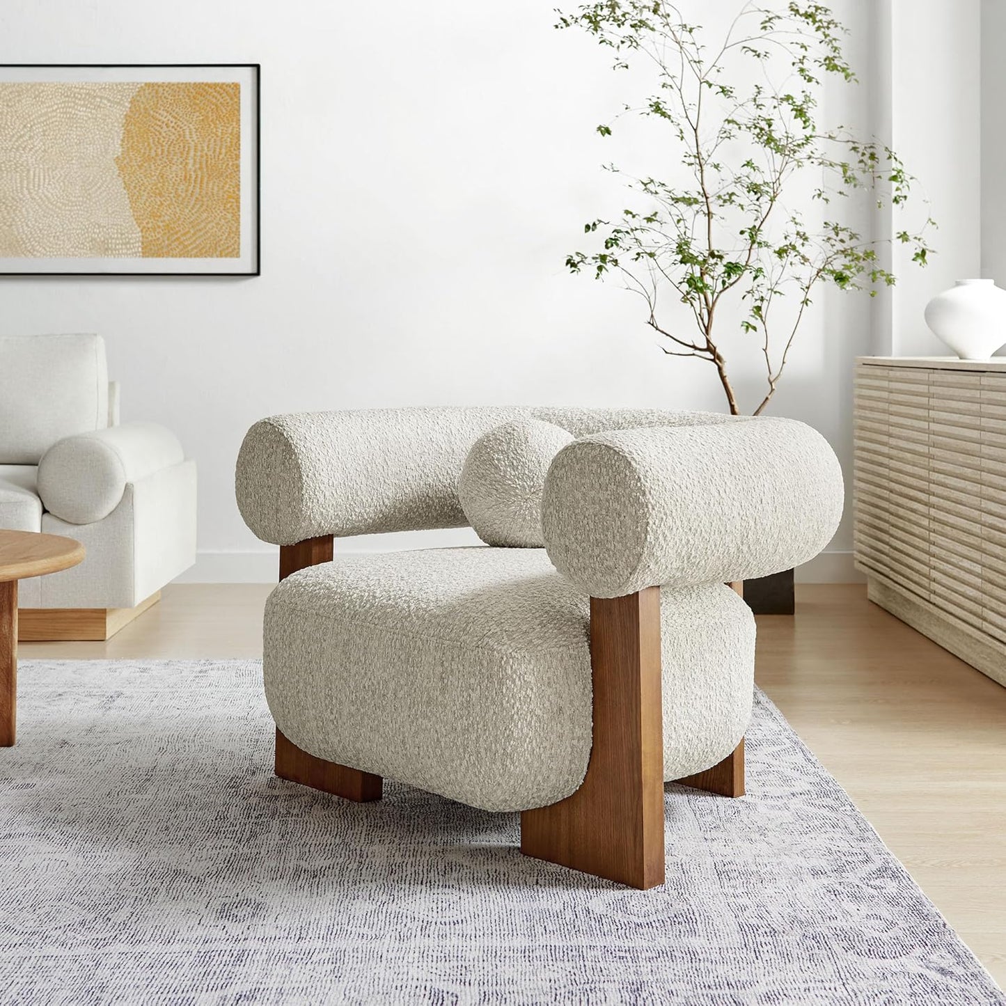 Modway Jace Boucle Fabric Accent Chair in Pearl - Upholstered Barrel Chair with Pillow - Comfy Lounge Armchair with Curved Back and Wood Legs - Soft Teddy Club Chair for Living Room or Bedroom