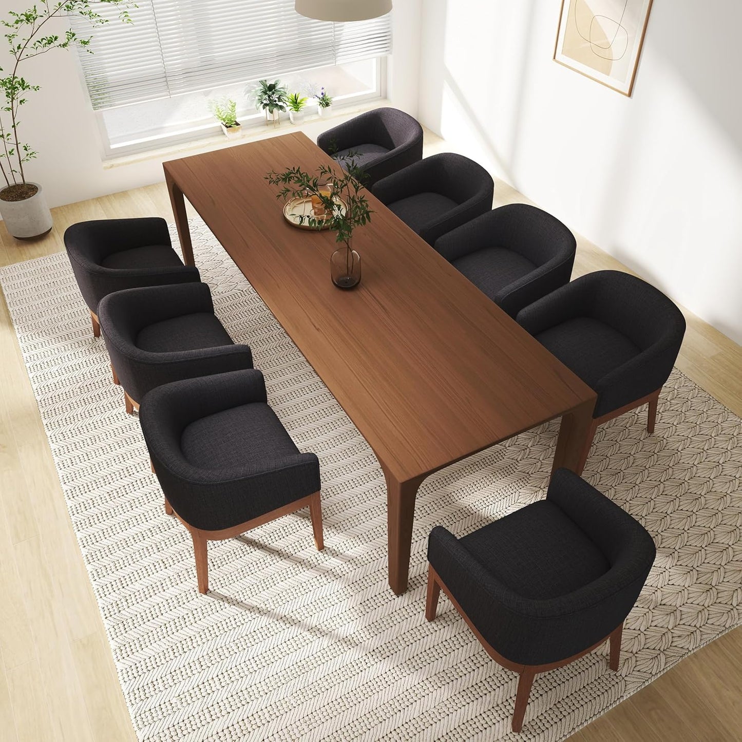 Mid-Century Modern Charcoal Dining Chairs Set of 4, Linen Upholstered Kitchen Dining Room Chairs with Wood Legs, Curved Backrest Armchairs, Charcoal