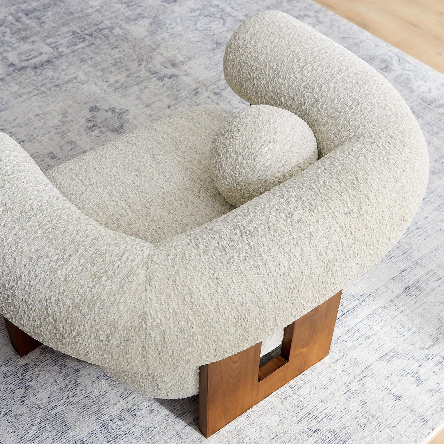 Modway Jace Boucle Fabric Accent Chair in Pearl - Upholstered Barrel Chair with Pillow - Comfy Lounge Armchair with Curved Back and Wood Legs - Soft Teddy Club Chair for Living Room or Bedroom