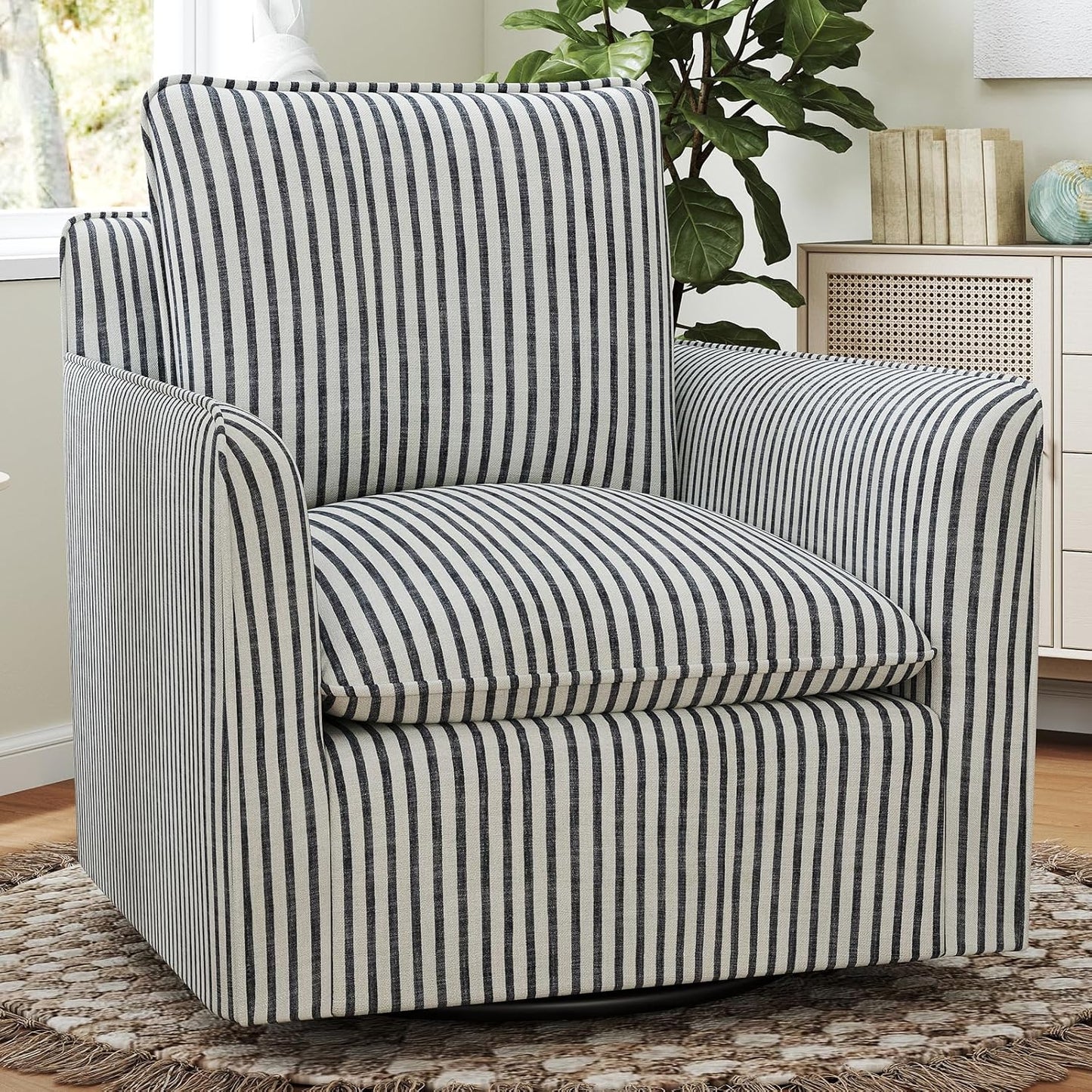 INZOY Swivel Accent Chair Set of 2, Upholstered Square Chair, Swivel Barrel Reading Chair with Thick Padded Backrest Cushion for Living Room Bedroom Small Space, Blue Stripe