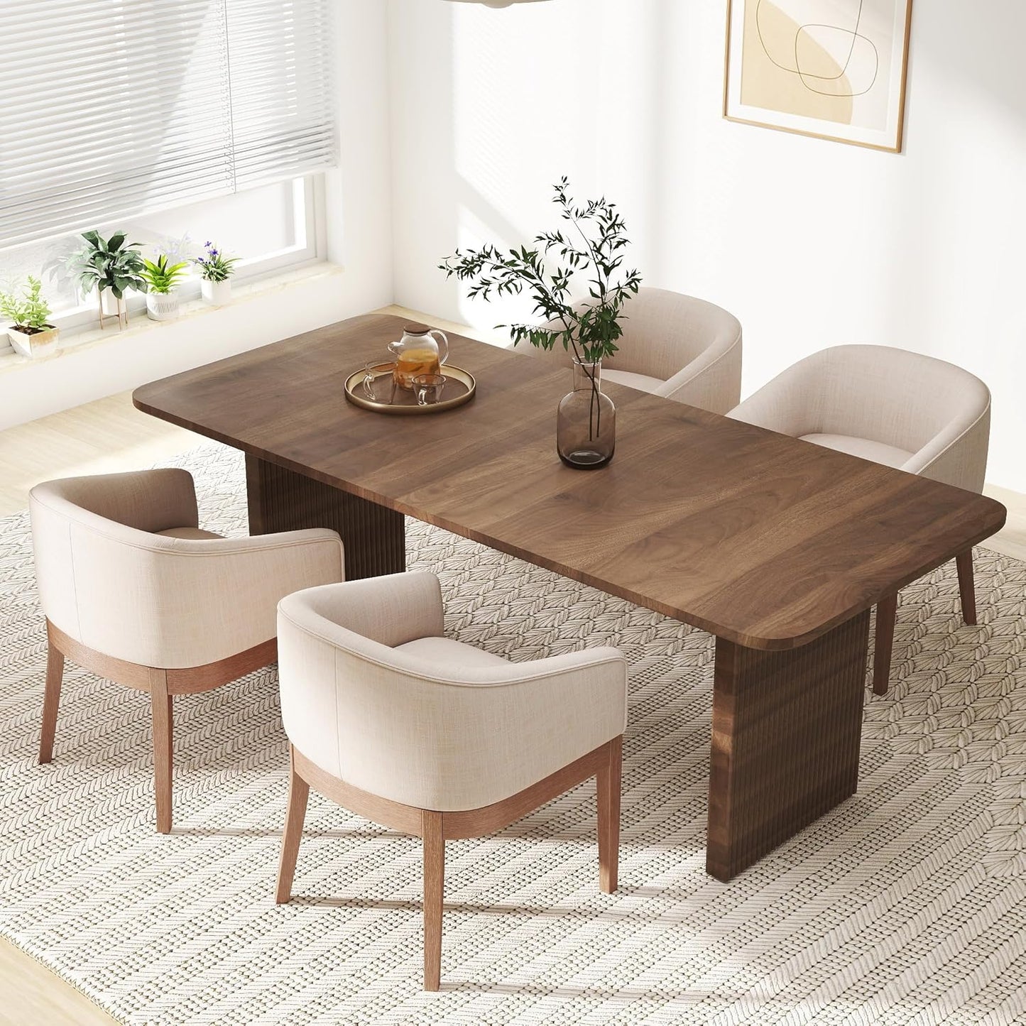 Mid-Century Modern Charcoal Dining Chairs Set of 4, Linen Upholstered Kitchen Dining Room Chairs with Wood Legs, Curved Backrest Armchairs, Charcoal