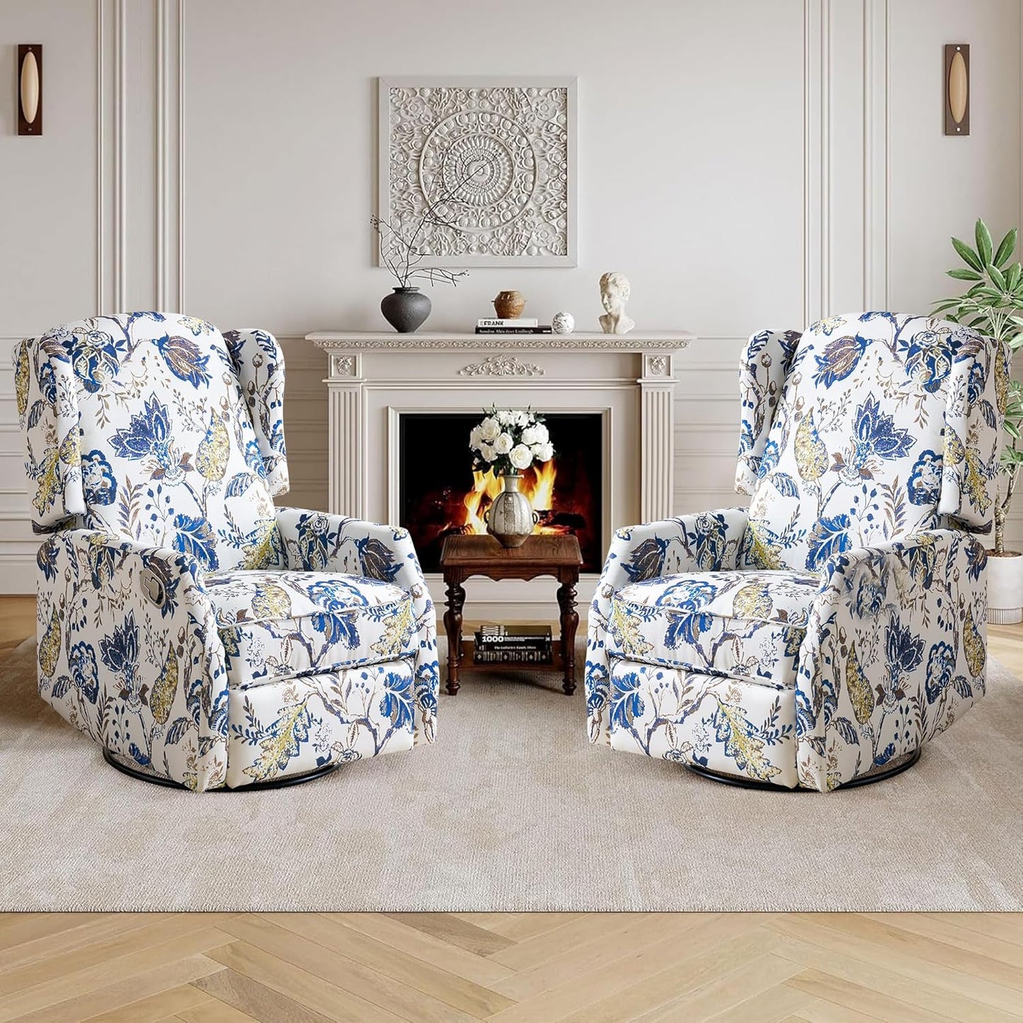 Floral Accent Swivel Rocker Recliner, Wingback Recliner Chair with Padded Seat, High Back Upholstered Armchair for Living Room, Bedroom, Home Ofiice, Bird Floral
