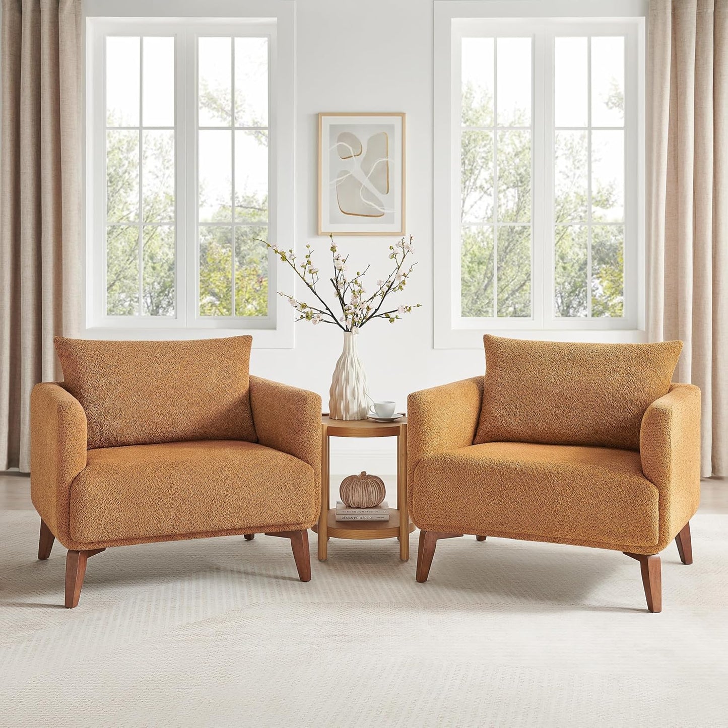 Oversized Accent Chair Modern Boucle Armchair for Living Room Sets of 2 - 37" Wide & Cozy Reading Accent Chair with Solid Wood Legs, Camel Upholstered Lounge Chair for Bedroom & Office(Easy Assembly)