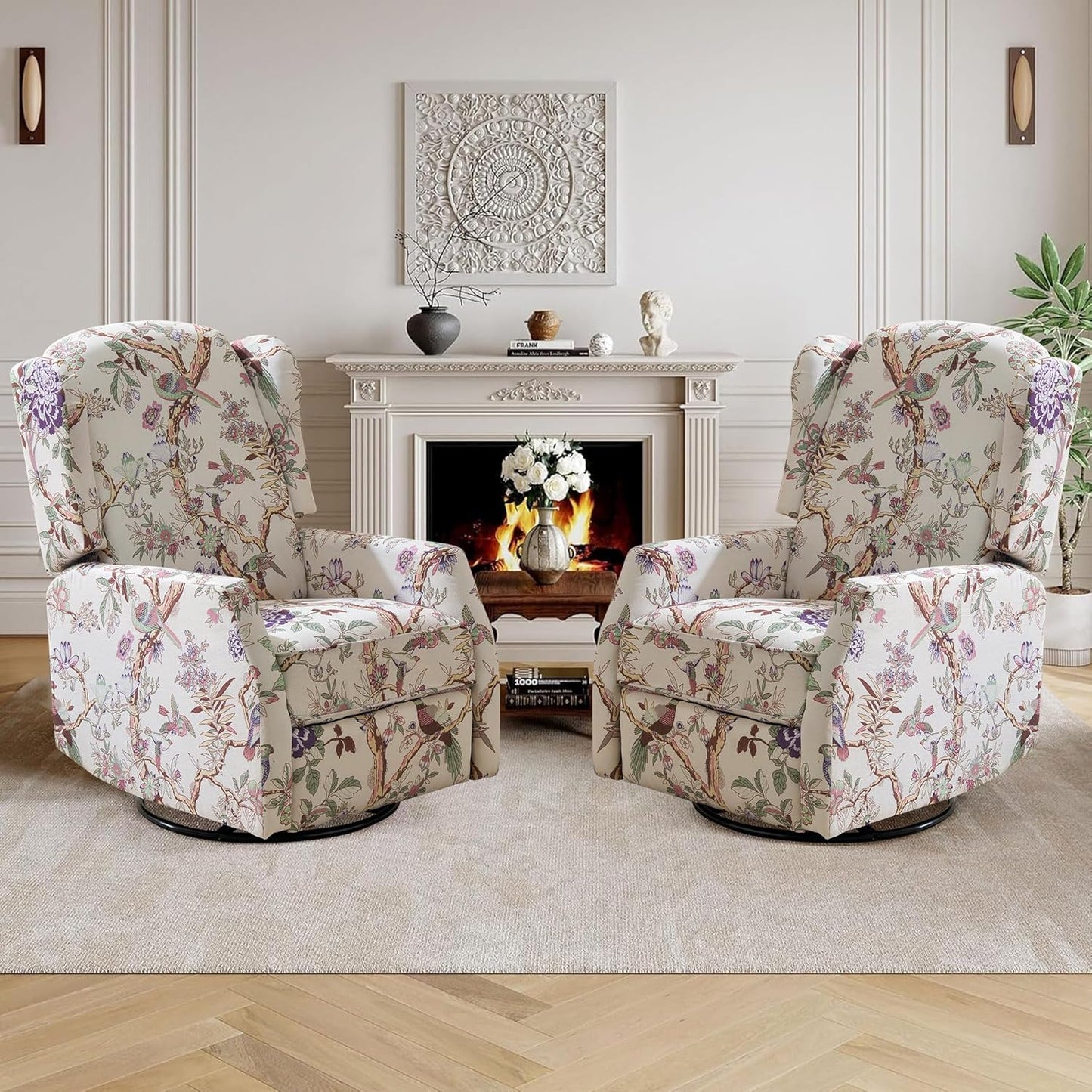 Floral Accent Swivel Rocker Recliner, Wingback Recliner Chair with Padded Seat, High Back Upholstered Armchair for Living Room, Bedroom, Home Ofiice, Bird Floral