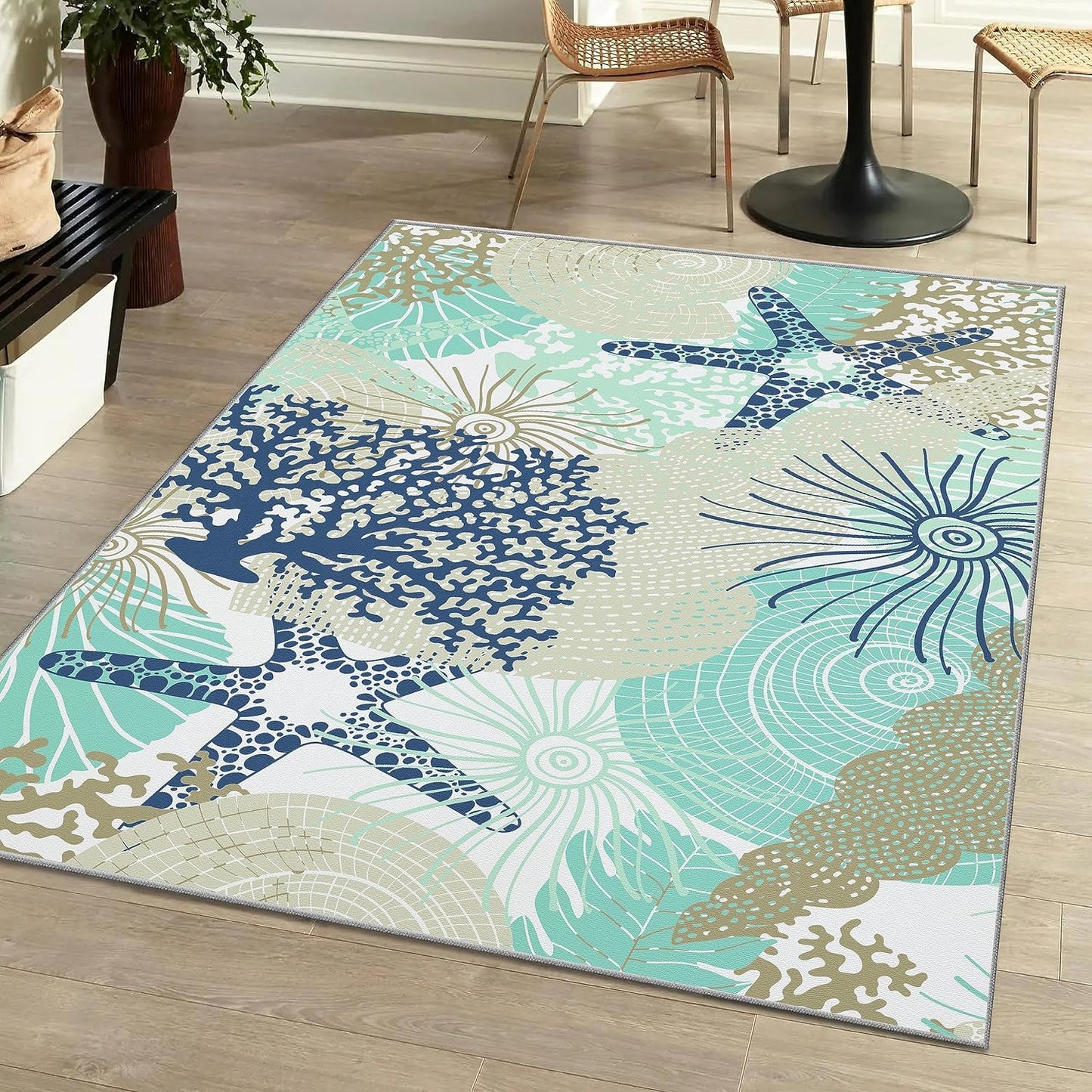 Tritard Coastal Area Rugs Nautical Beach Themed Non-Slip Machine Washable Rugs Modern Floor Carpet for Living Room Bedroom, 8x10, Blue