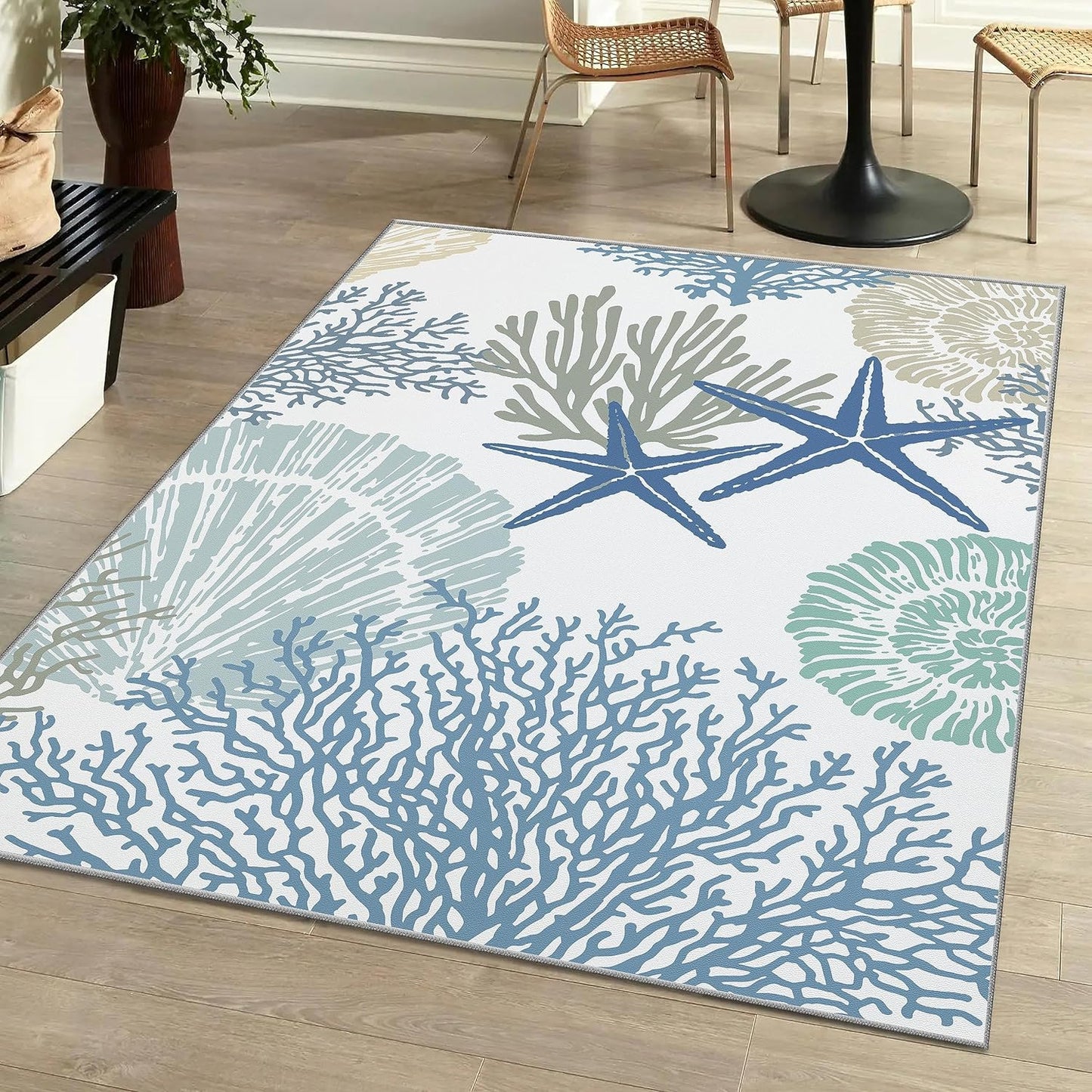 Tritard Coastal Area Rugs Nautical Beach Themed Non-Slip Machine Washable Rugs Modern Floor Carpet for Living Room Bedroom, 8x10, Blue