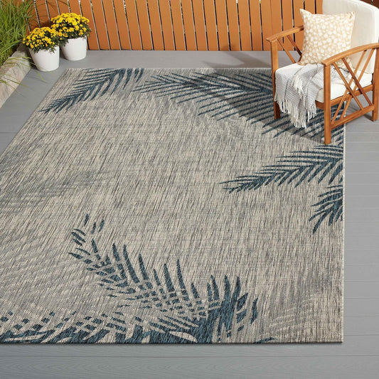 LR Home 8x10 Indoor/Outdoor Area Rug for Home Decor | Coastal Palm Leaf Large Size Carpet for Living Room, Bedroom, Playroom, Patio, Garden | Modern Farmhouse Rug | Blue/Beige