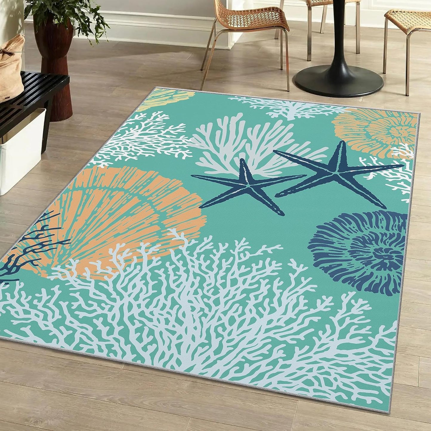 Tritard Coastal Area Rugs Nautical Beach Themed Non-Slip Machine Washable Rugs Modern Floor Carpet for Living Room Bedroom, 8x10, Blue