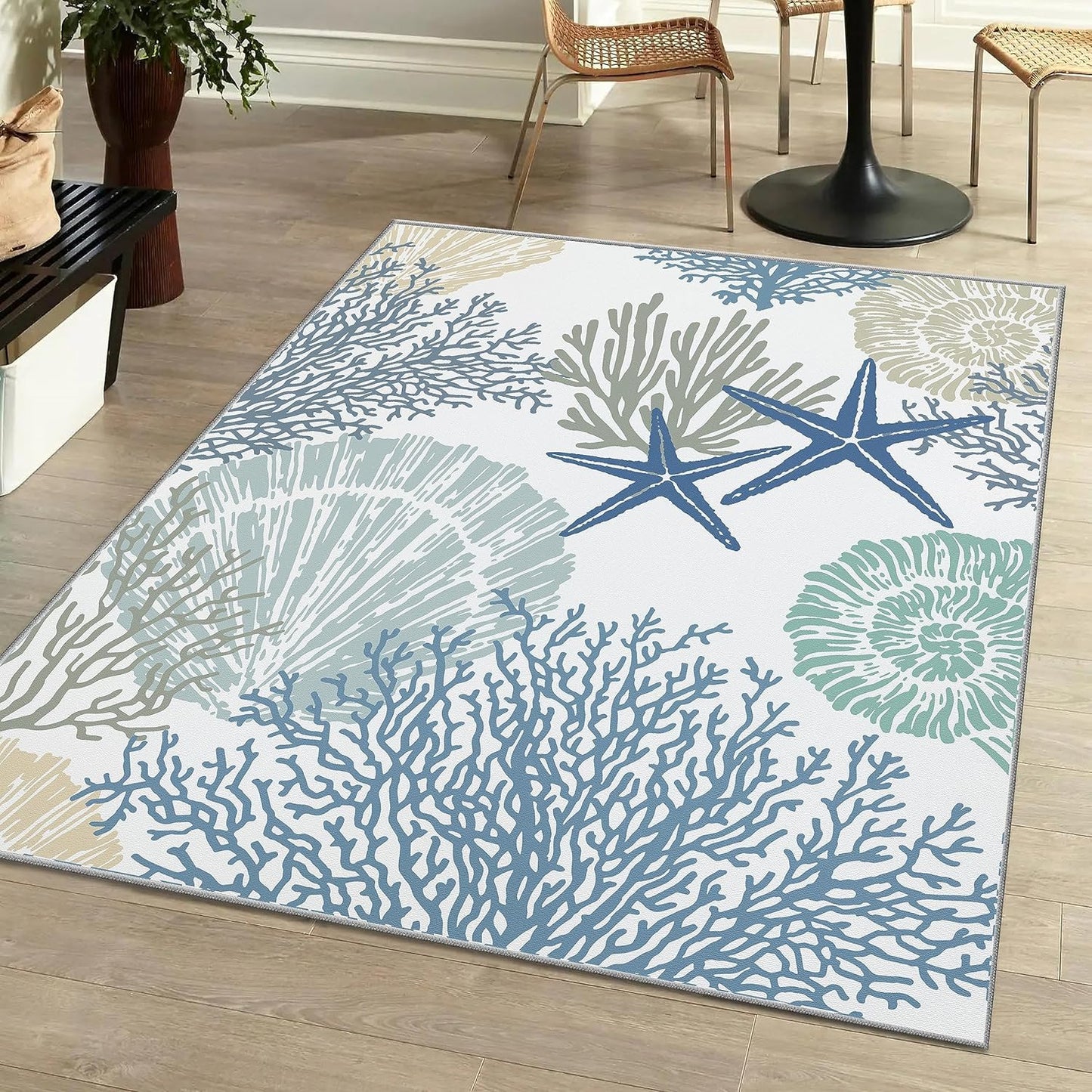Tritard Coastal Area Rugs Nautical Beach Themed Non-Slip Machine Washable Rugs Modern Floor Carpet for Living Room Bedroom, 8x10, Blue