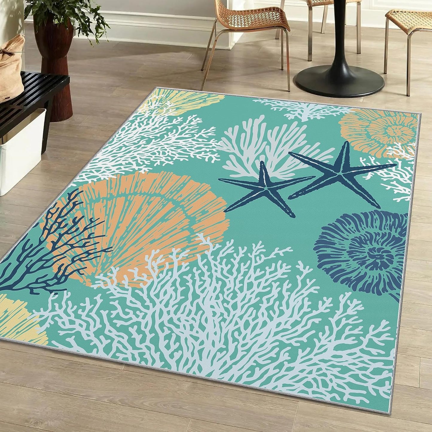 Tritard Coastal Area Rugs Nautical Beach Themed Non-Slip Machine Washable Rugs Modern Floor Carpet for Living Room Bedroom, 8x10, Blue