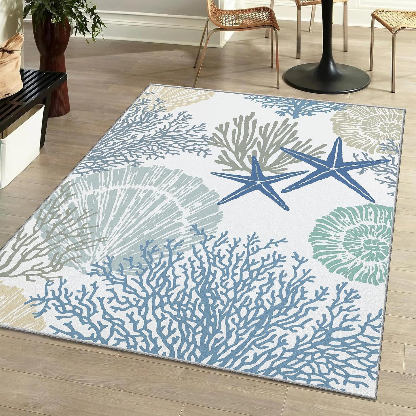 Tritard Coastal Area Rugs Nautical Beach Themed Non-Slip Machine Washable Rugs Modern Floor Carpet for Living Room Bedroom, 8x10, Blue