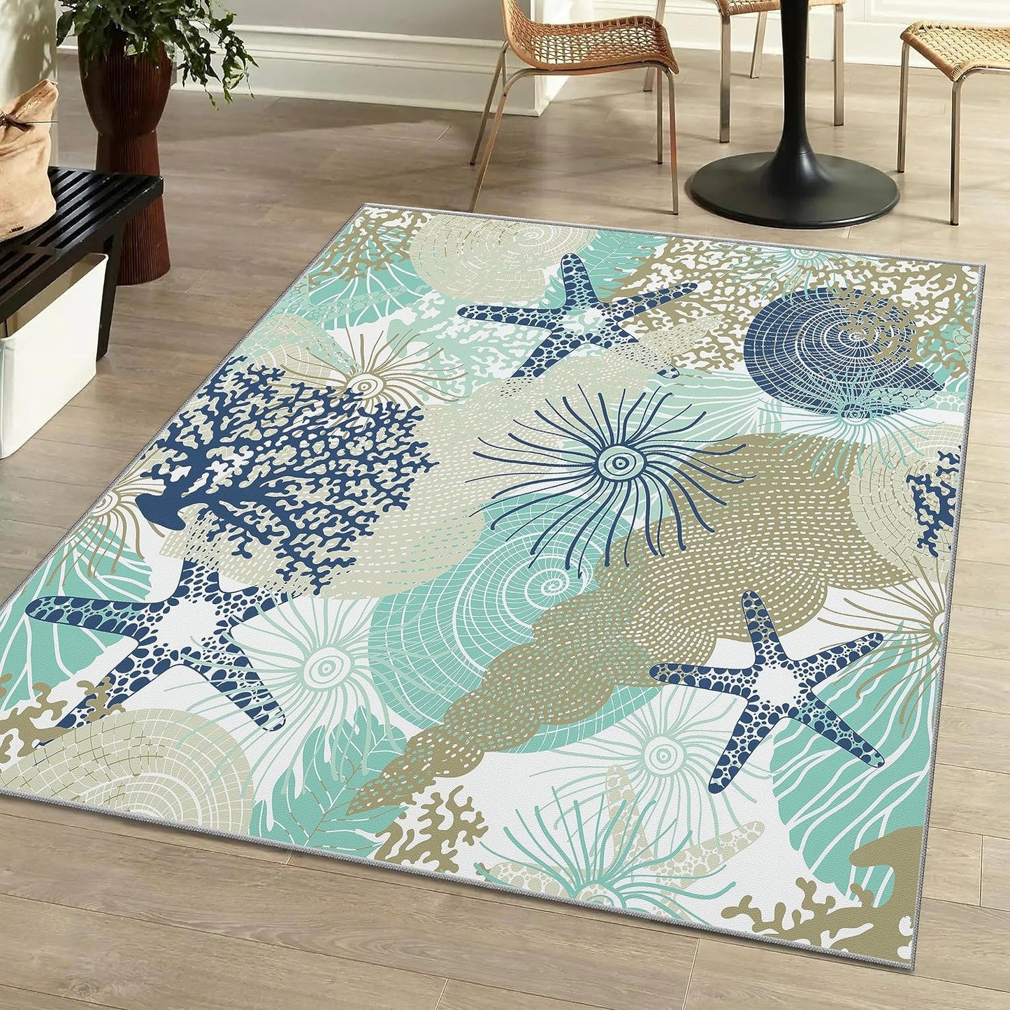 Tritard Coastal Area Rugs Nautical Beach Themed Non-Slip Machine Washable Rugs Modern Floor Carpet for Living Room Bedroom, 8x10, Blue