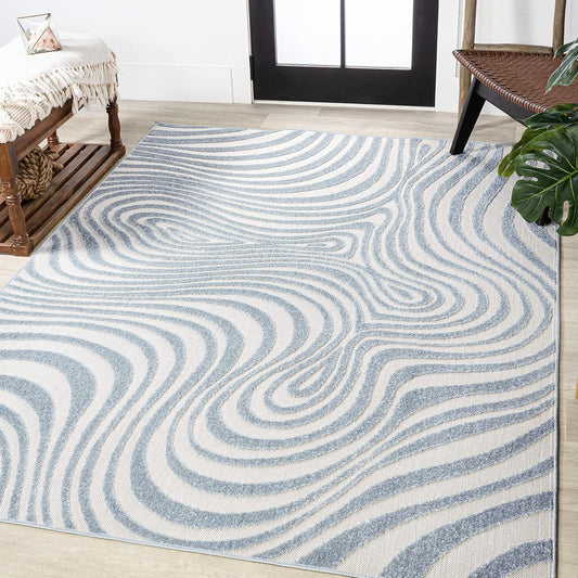 Eyely NCS103C-5 Scandinavian Maribo Abstract Groovy Striped Indoor Area Rug, Contemporary, Vintage, Coastal, Bohemian, Glam, Bedroom, Kitchen, Living Room, Non Shedding, Light Blue/Ivory, 5' x 8'