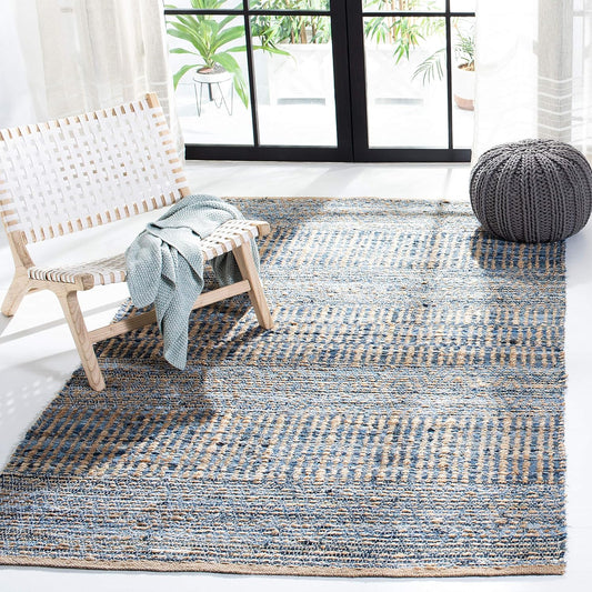 SAFAVIEH Cape Cod Collection Area Rug - 5' x 8', Natural & Blue, Handmade Flat Weave Coastal Braided Jute, Ideal for High Traffic Areas in Living Room, Bedroom (CAP353A)